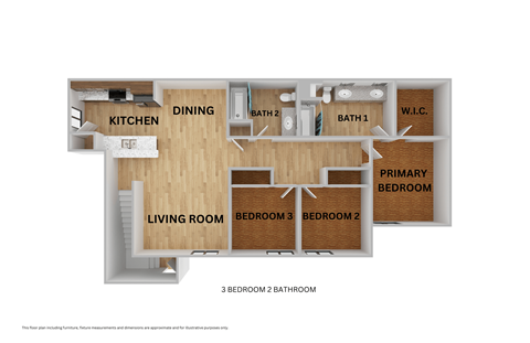 Floor plan for 3 beds, 2 baths, 1235 sqft